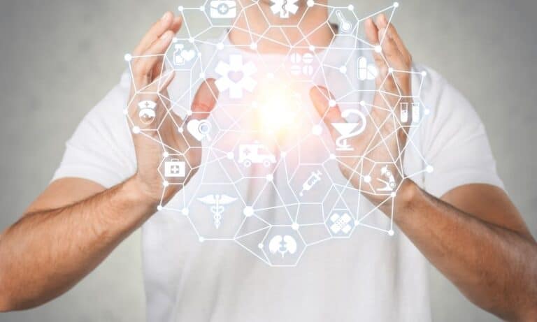 Hands holding virtual app cloud map
