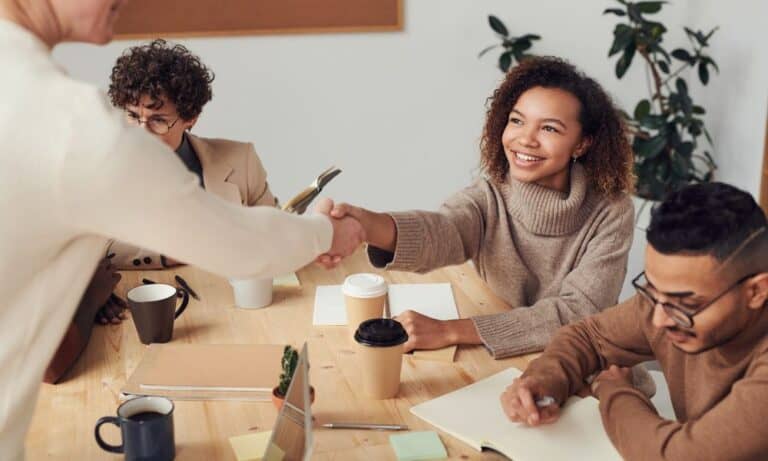 Photo of a team onboarding a new employee.
