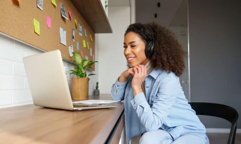 Photo of an employee conducting a remote interview successfully.