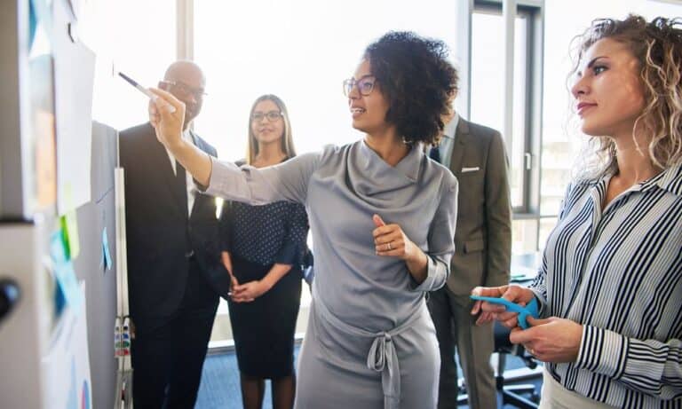 Woman presenting ideas to team